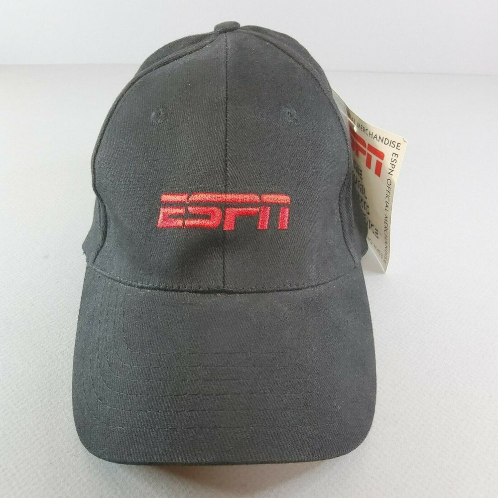 ESPN Logo Black Red Back Baseball Cap Hat NWT One Size Fits Most